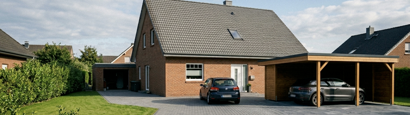 Symbolfoto Versiegelung - Garage, Carport, und Auffahrt vor einem Einfamilienhaus