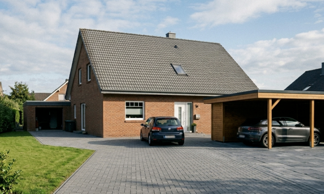 Symbolfoto Versiegelung - Garage, Carport, und Auffahrt vor einem Einfamilienhaus