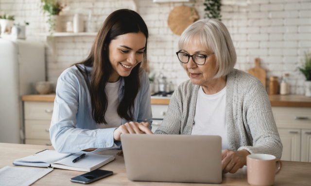 Eine junge Frau hilft einer älteren Frau am Laptop
